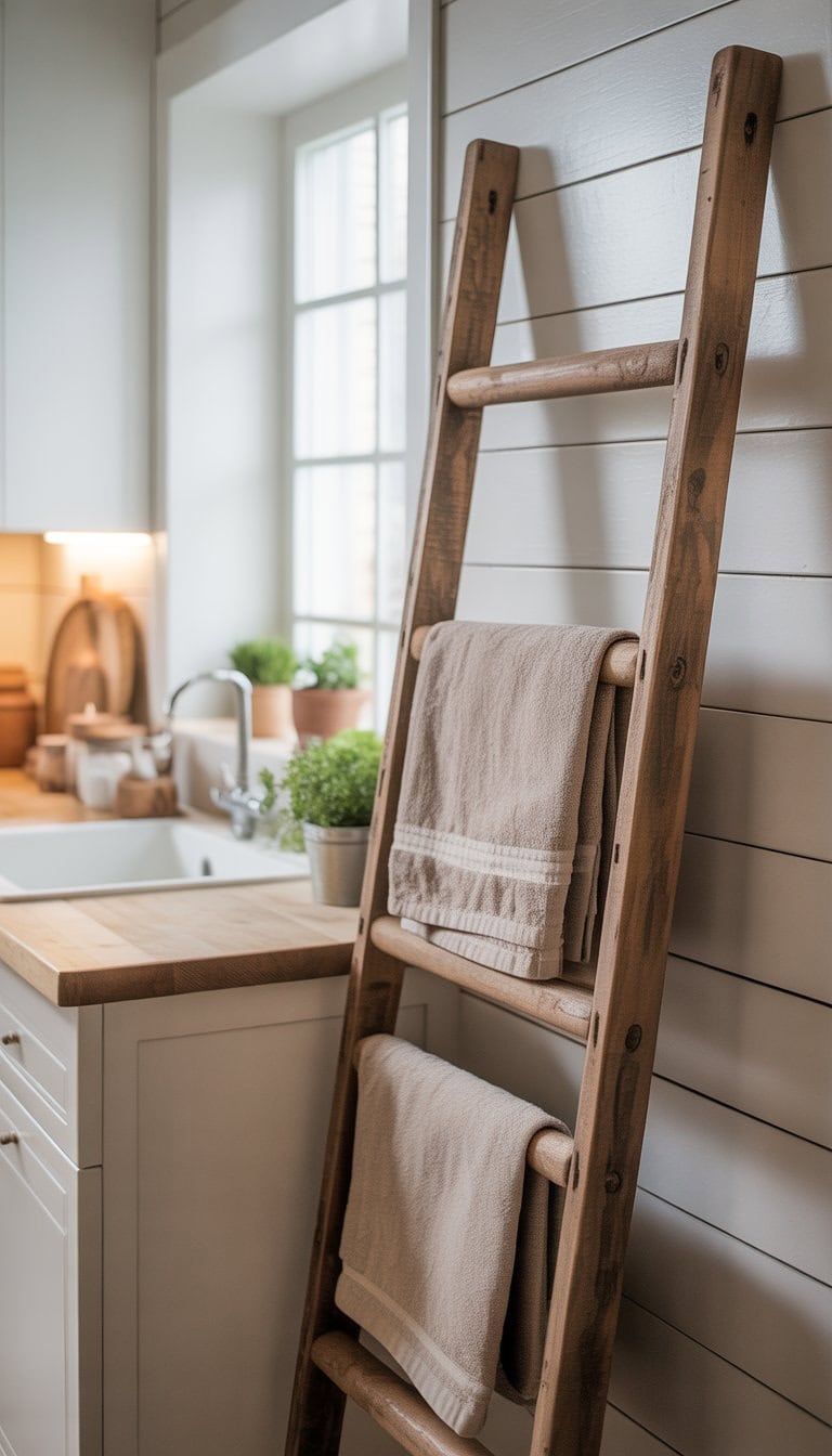 A rustic wooden ladder towel rack leaning against a white wall in a bright kitchen with folded towels and potted herbs on the countertop.