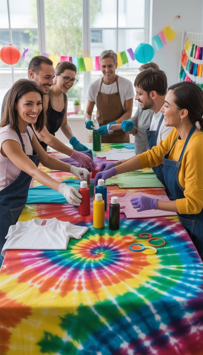 Adults gathered around a table making colorful tie-dye crafts with bright supplies and decorations in a workshop.