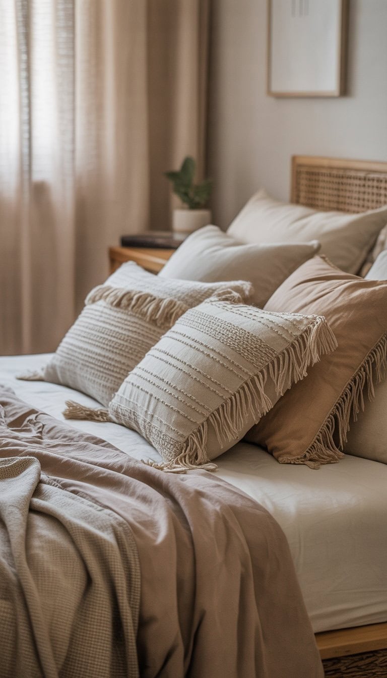A bedroom with a bed covered in neutral-colored throw pillows with fringe, soft bedding, and natural light coming through a window.