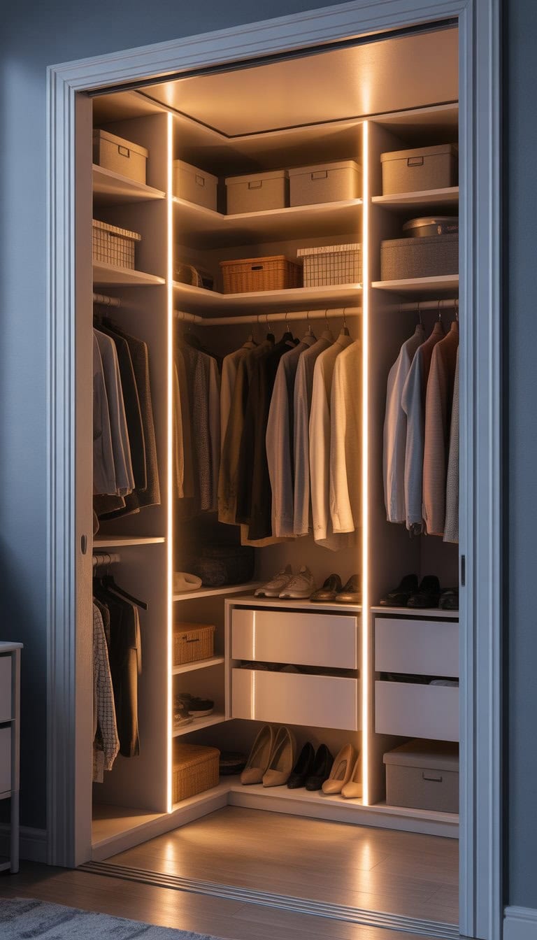 An organized closet with LED strip lighting installed inside, illuminating neatly arranged clothes and storage shelves.