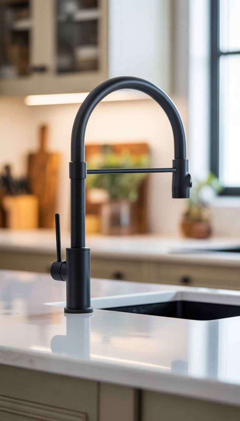 Matte black kitchen faucet with pull-down sprayer installed on a white countertop in a bright kitchen.