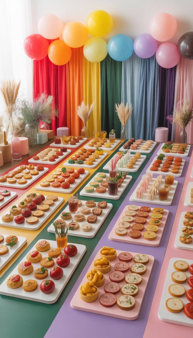 A colorful party table with 23 different food boards arranged by color, each featuring matching snacks and decorations.