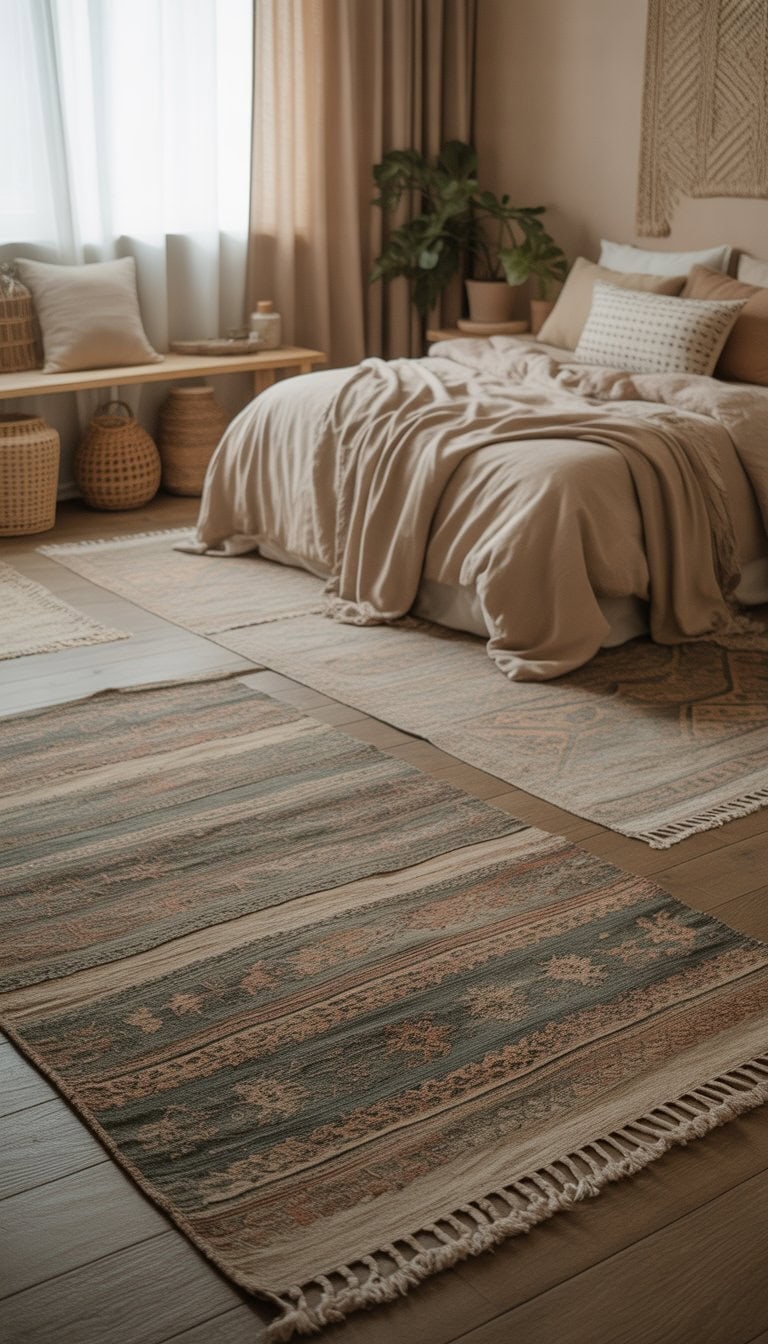 A calm bedroom with a bed, layered bedding, vintage patterned rugs on the wooden floor, and natural light coming through sheer curtains.