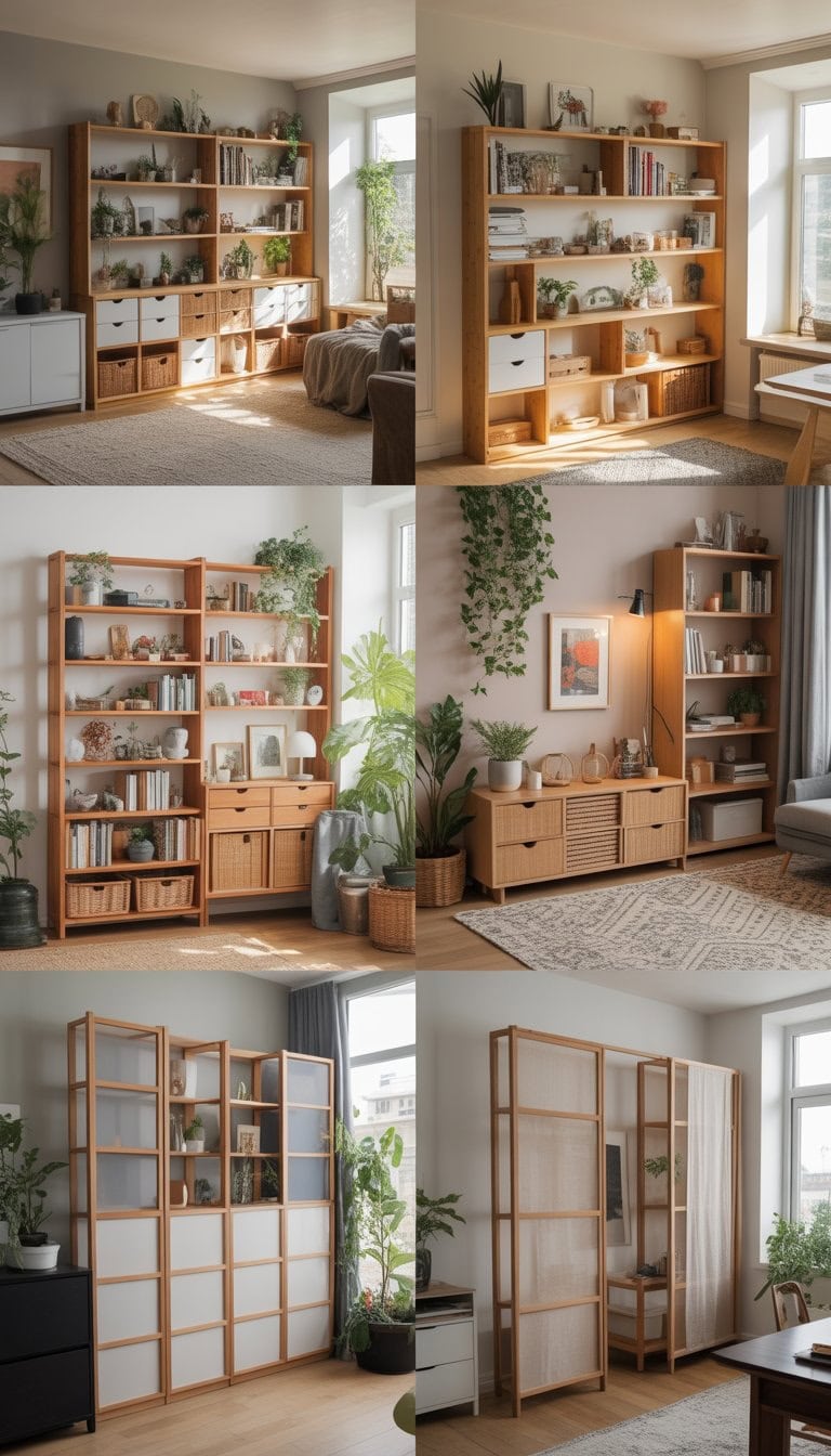 A modern living room with several wooden room dividers made from IKEA IVAR shelving units, decorated with plants, books, and baskets to separate different areas of the space.