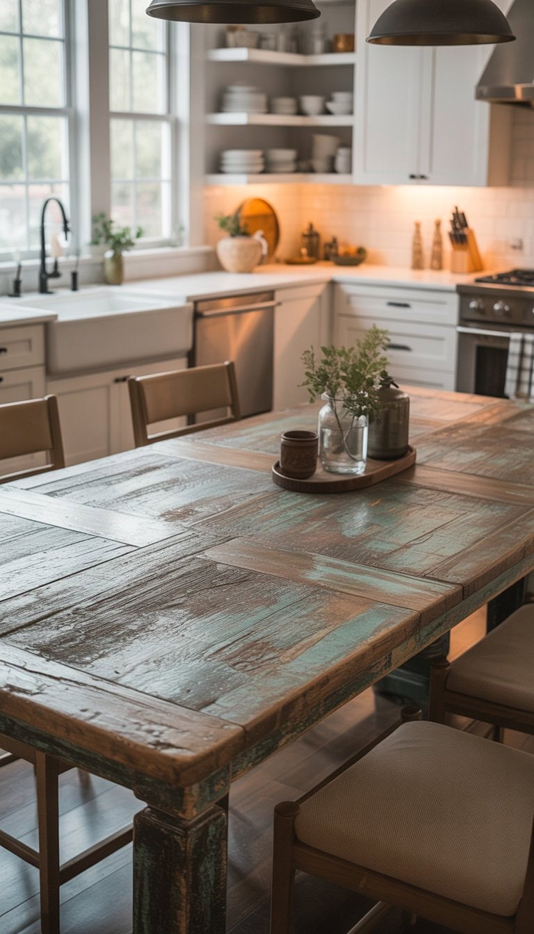 A dining table made of distressed wood surrounded by chairs in a bright kitchen with cabinets, shelves, and large windows.