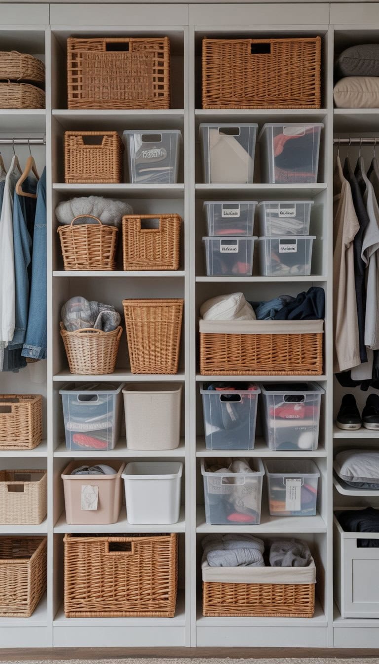 Closet with IKEA Kallax shelves filled with baskets and storage bins neatly organizing clothes and accessories.