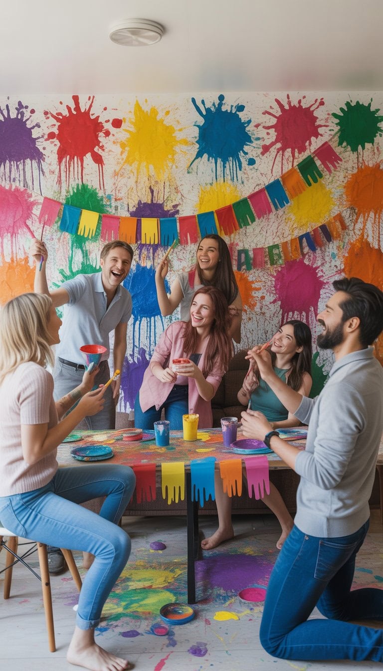 A colorful party scene with adults celebrating in a room with walls covered in vibrant paint splatters and multicolored decorations.