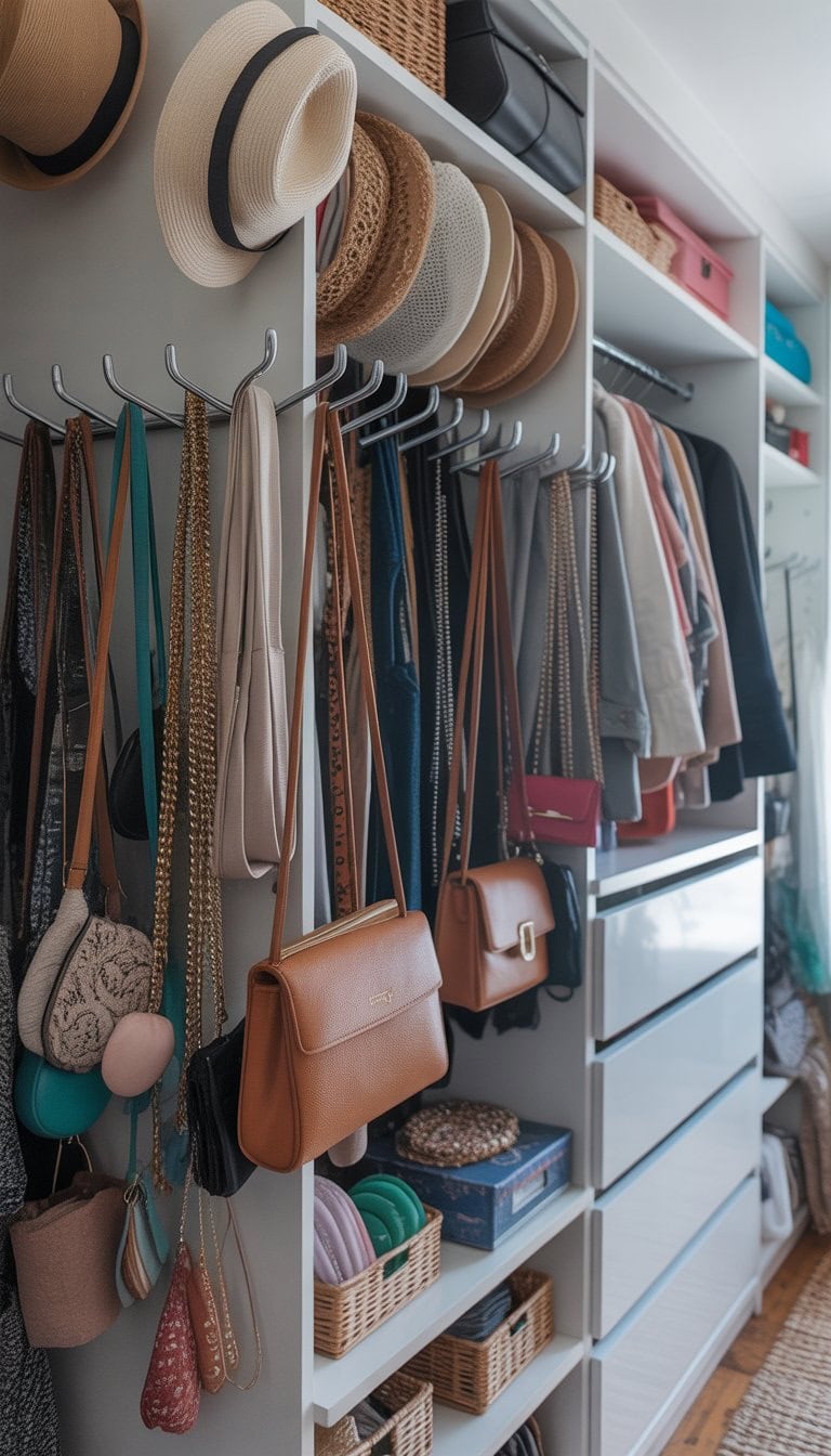 A well-organized closet wall with hooks and pegs holding hats, scarves, necklaces, and handbags.
