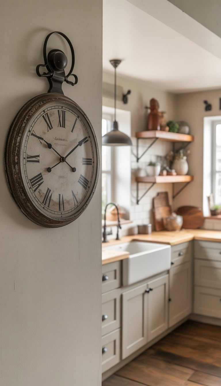 An antique wall clock with a weathered finish hanging on a wall in a bright kitchen with white cabinets and wooden shelves.