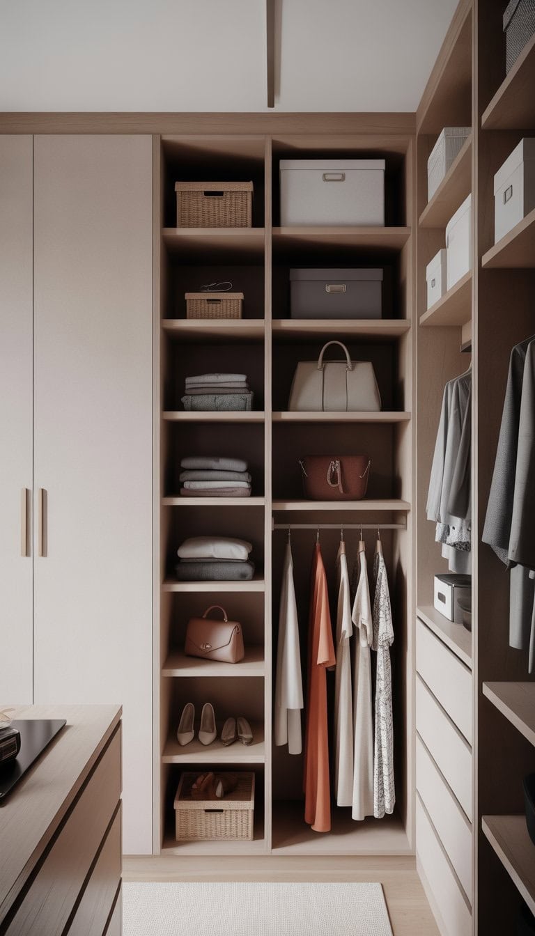 A neatly organized closet with open shelves displaying clothes and shoes alongside closed cabinets with sleek doors.