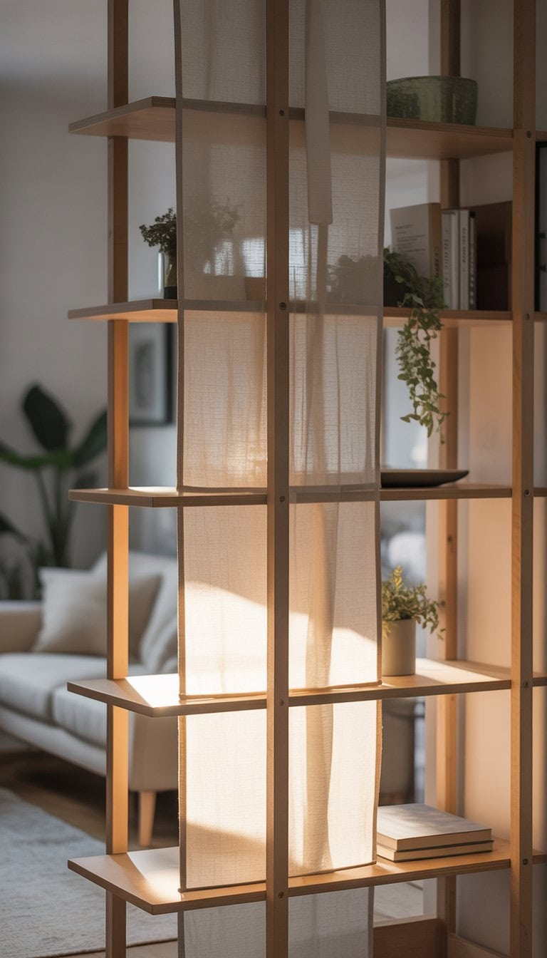 A room divider made from wooden shelves with light fabric panels between them, softly diffusing natural light in a bright living space.