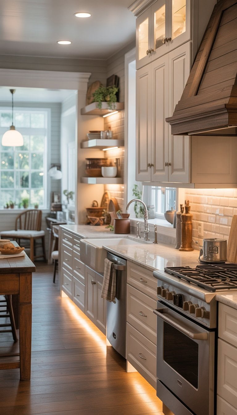 A bright kitchen with white cabinets, wooden accents, under-cabinet lighting, and a kitchen island with stools.