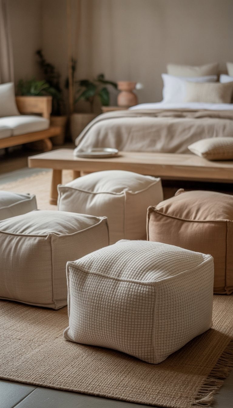 A bedroom with several neutral-colored poufs arranged for extra seating near a bed and wooden furniture.