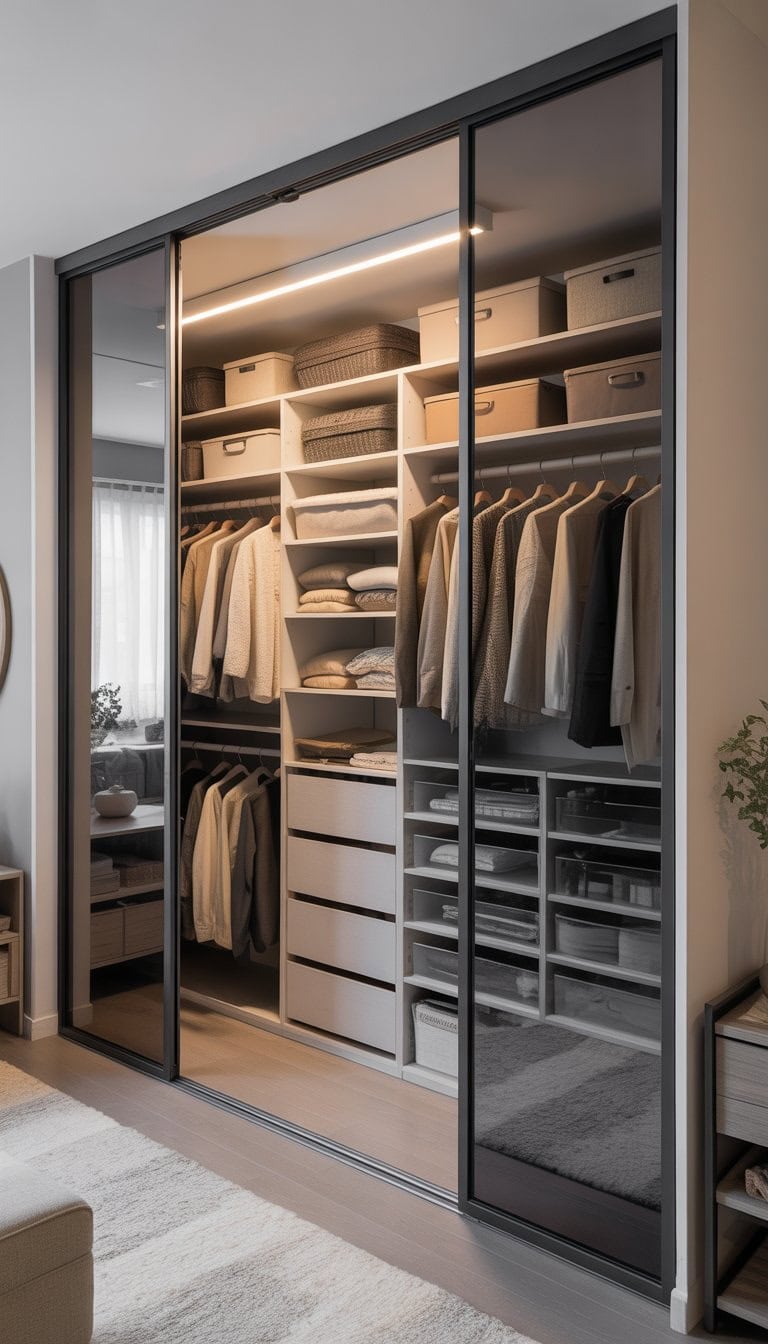 A modern closet with mirrored sliding doors and organized shelves, drawers, and hanging clothes inside.