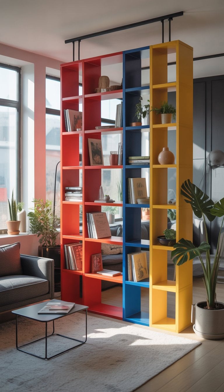 A colorful painted IKEA IVAR shelving unit used as a room divider in a bright, modern living room with furniture and plants.
