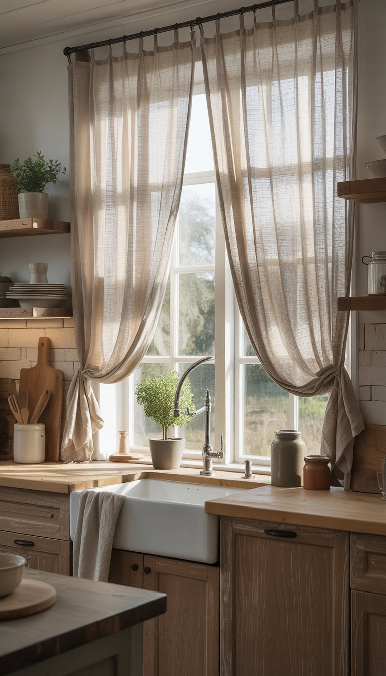 A bright kitchen with textured linen curtains hanging over a window, wooden cabinets, and a farmhouse sink.
