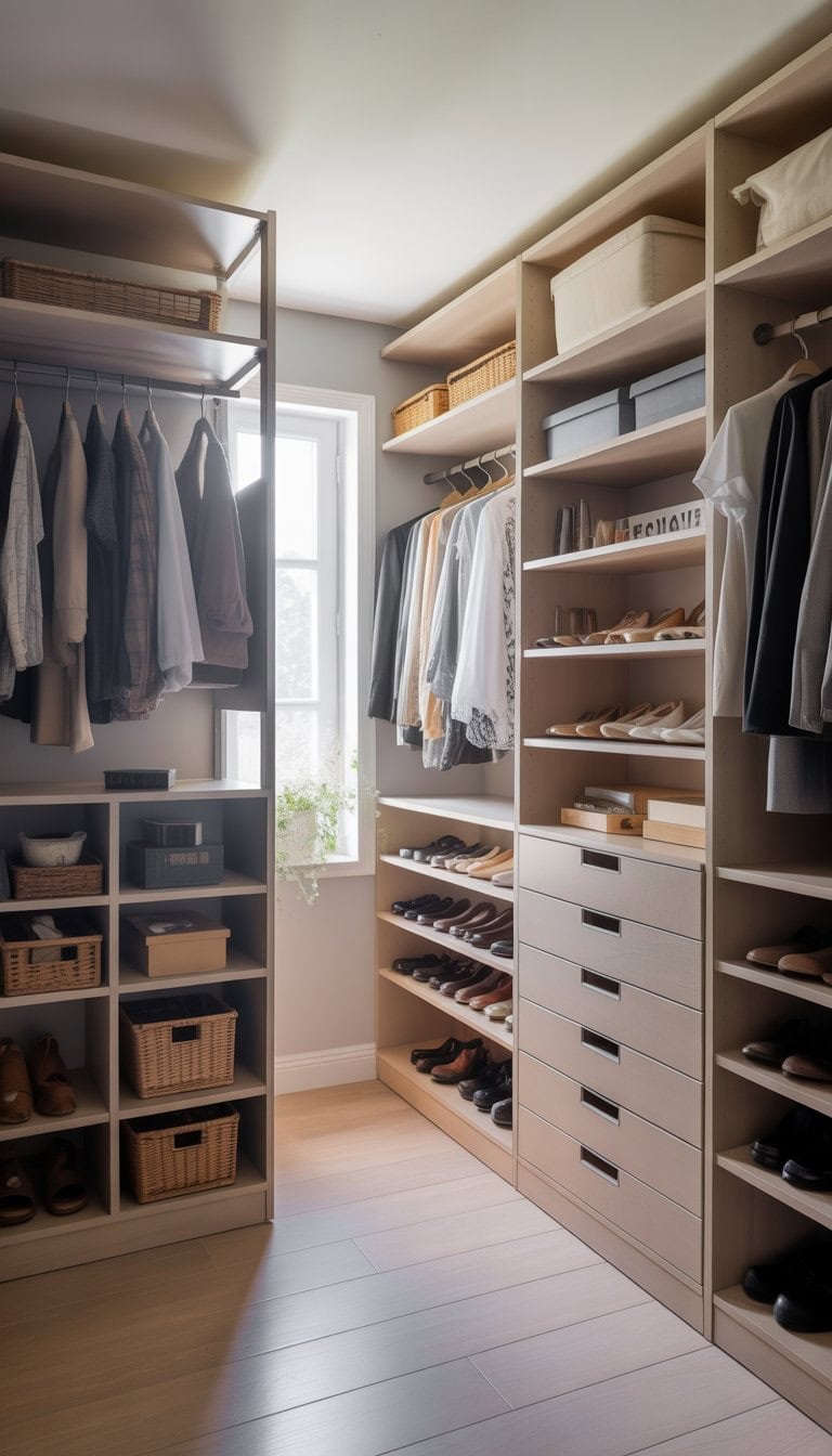 A spacious closet with multiple custom-built storage units holding neatly arranged clothes, shoes, and accessories.