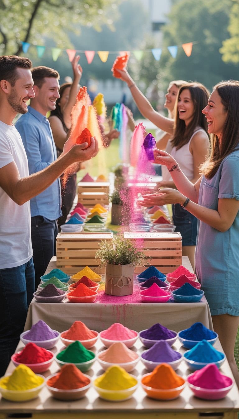 Adults enjoying an outdoor party with multiple stations of colorful powder arranged on tables, surrounded by greenery.