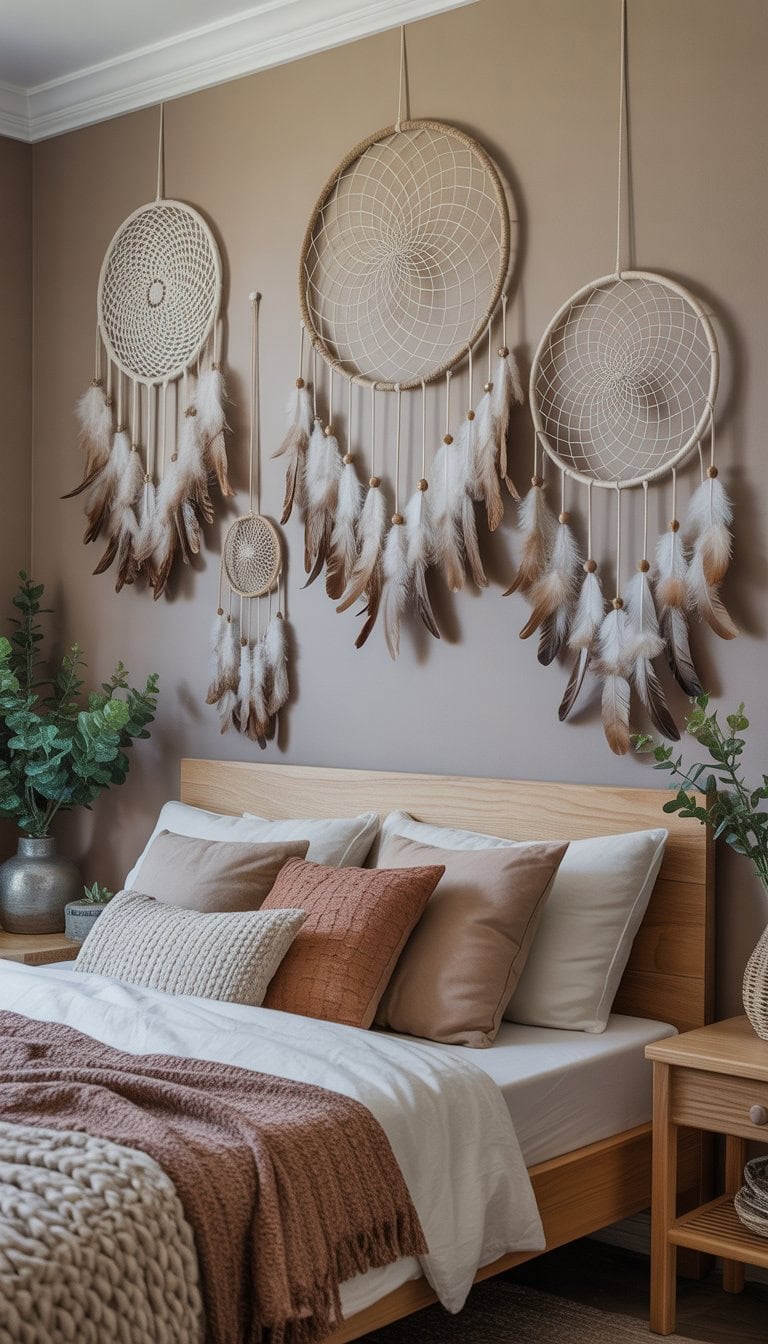 A peaceful bedroom with dreamcatchers hanging on the wall, featuring feathers and natural decor elements.