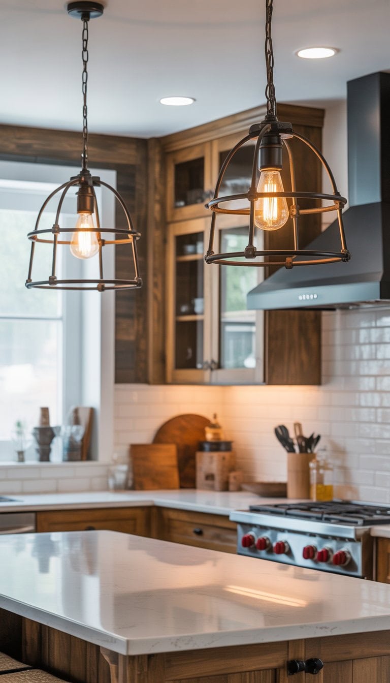A kitchen with metal pendant lights hanging over a kitchen island, featuring wooden cabinets and modern appliances.