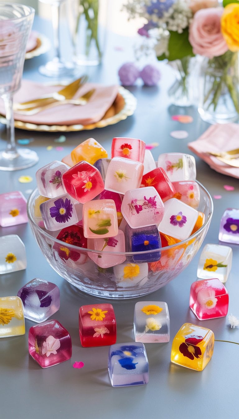 A collection of colorful edible flower ice cubes in a glass bowl and on a white surface, surrounded by party decorations and elegant glassware.