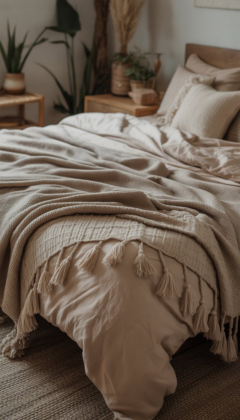 A bedroom with a bed covered by tassel trimmed blankets and simple decor.