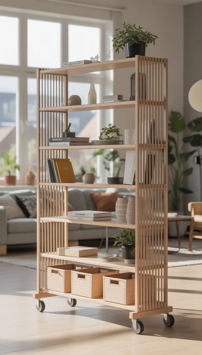 A wooden room divider with wheels in a bright living room, decorated with plants and books.