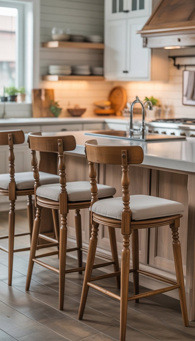 A kitchen with wooden stools that have cushioned seats placed around a kitchen island, with cabinets and appliances in the background.