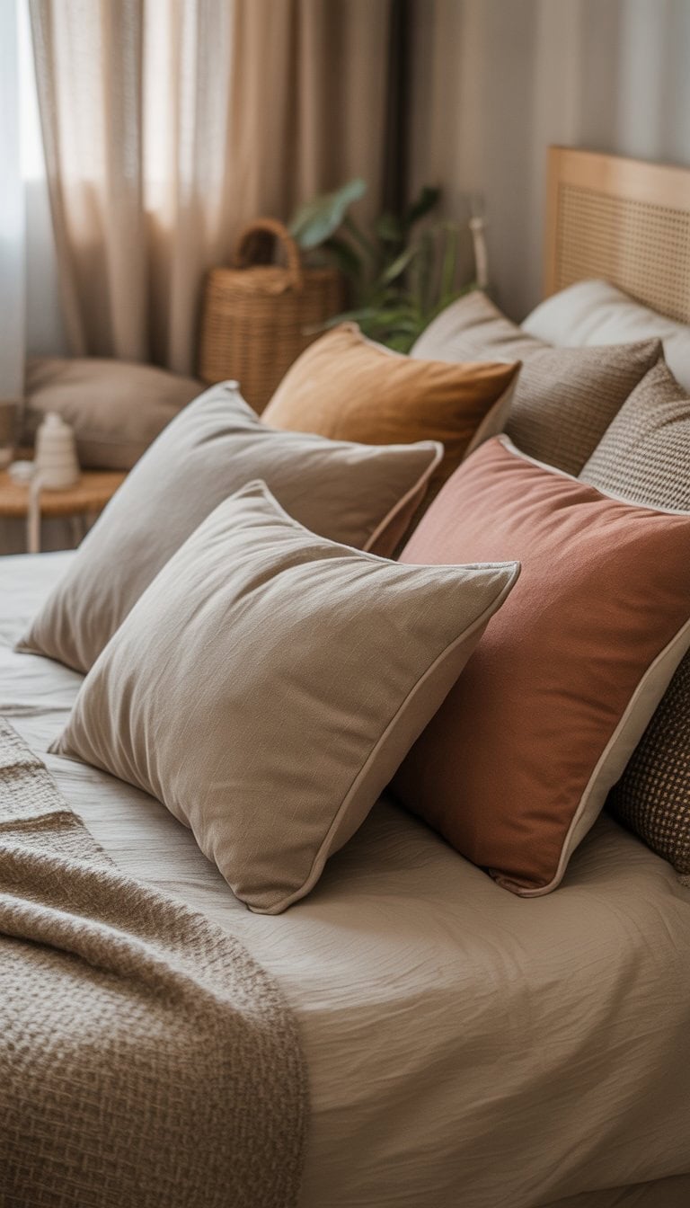A cozy bedroom with a bed covered in cushions of various earthy shades and textures, softly lit by natural light.