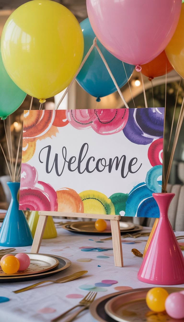 A colorful party setup with a decorative welcome sign surrounded by balloons, streamers, and table decorations in multiple bright colors.