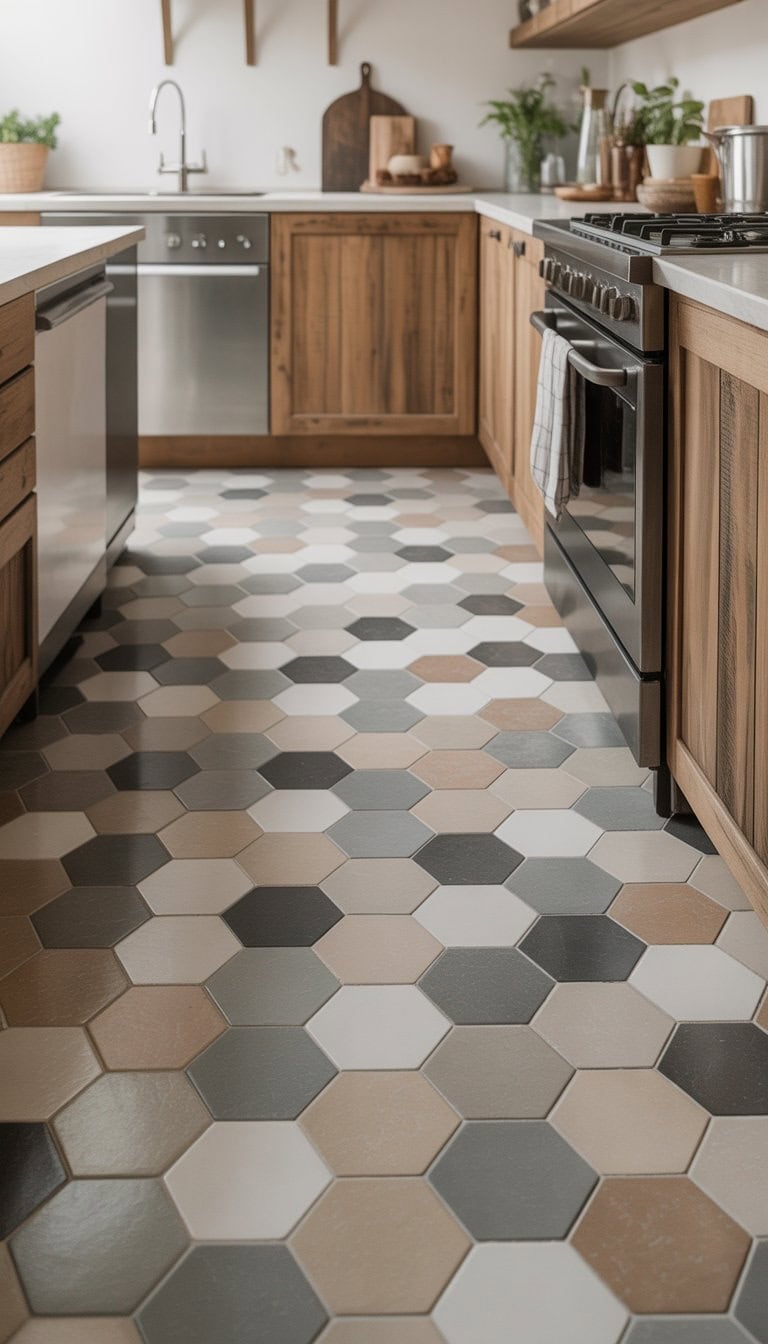 A modern kitchen with a hexagon patterned tile floor in neutral colors, wooden cabinets, and stainless steel appliances.