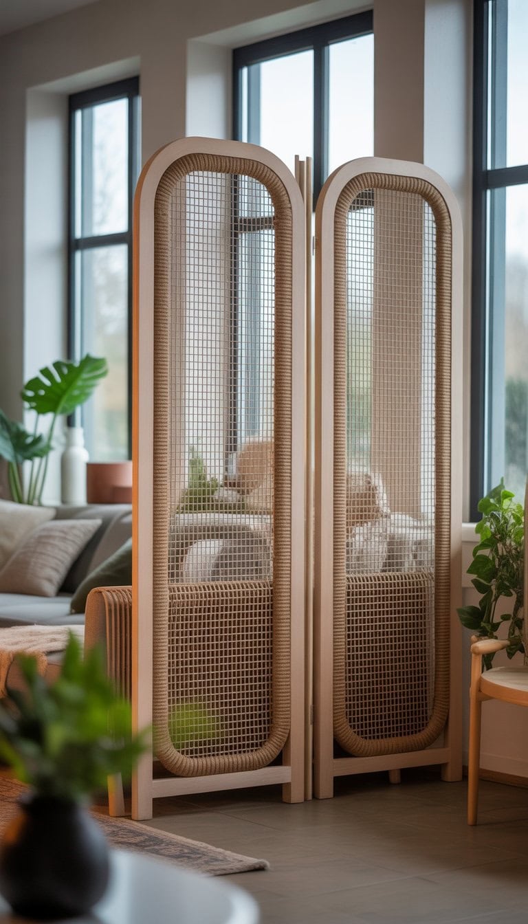 A room divider with rope and wire mesh backing placed in a bright living room with furniture and plants.