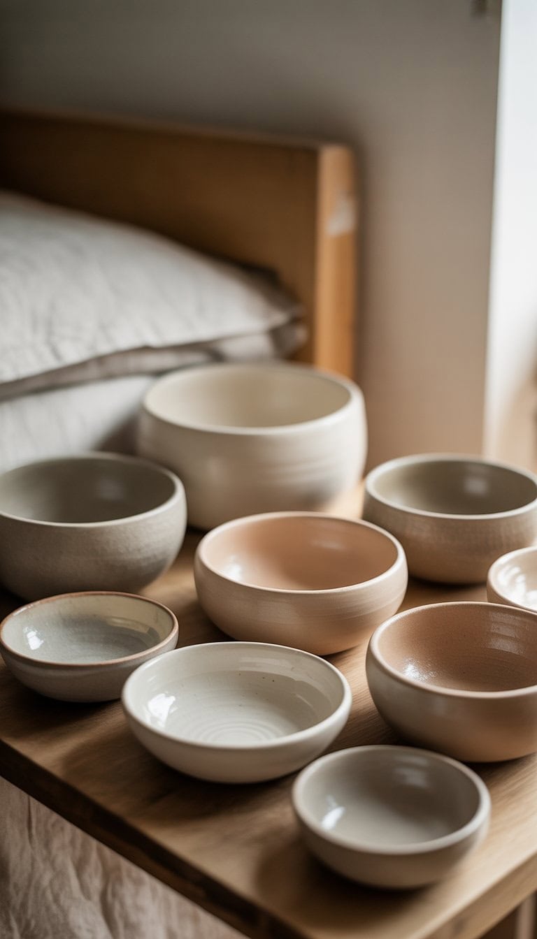 A collection of handmade pottery bowls in neutral tones displayed on a wooden surface with soft natural lighting.