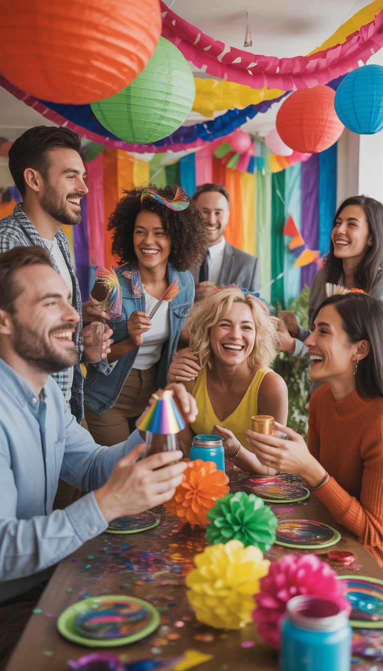 A group of adults celebrating indoors surrounded by colorful party decorations and smiling as they enjoy the festive atmosphere.