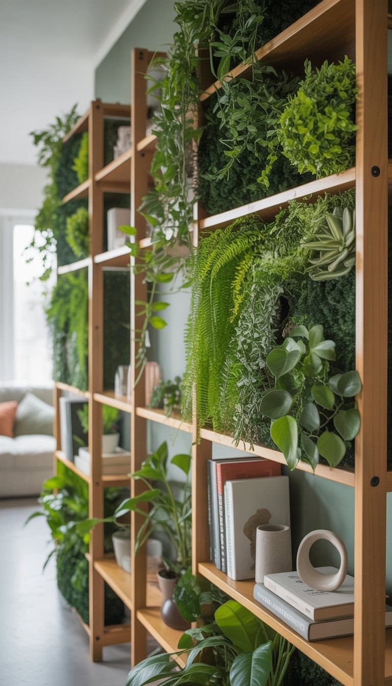 A room divider made from wooden shelves filled with various green plants and decorative items in a bright, airy room.
