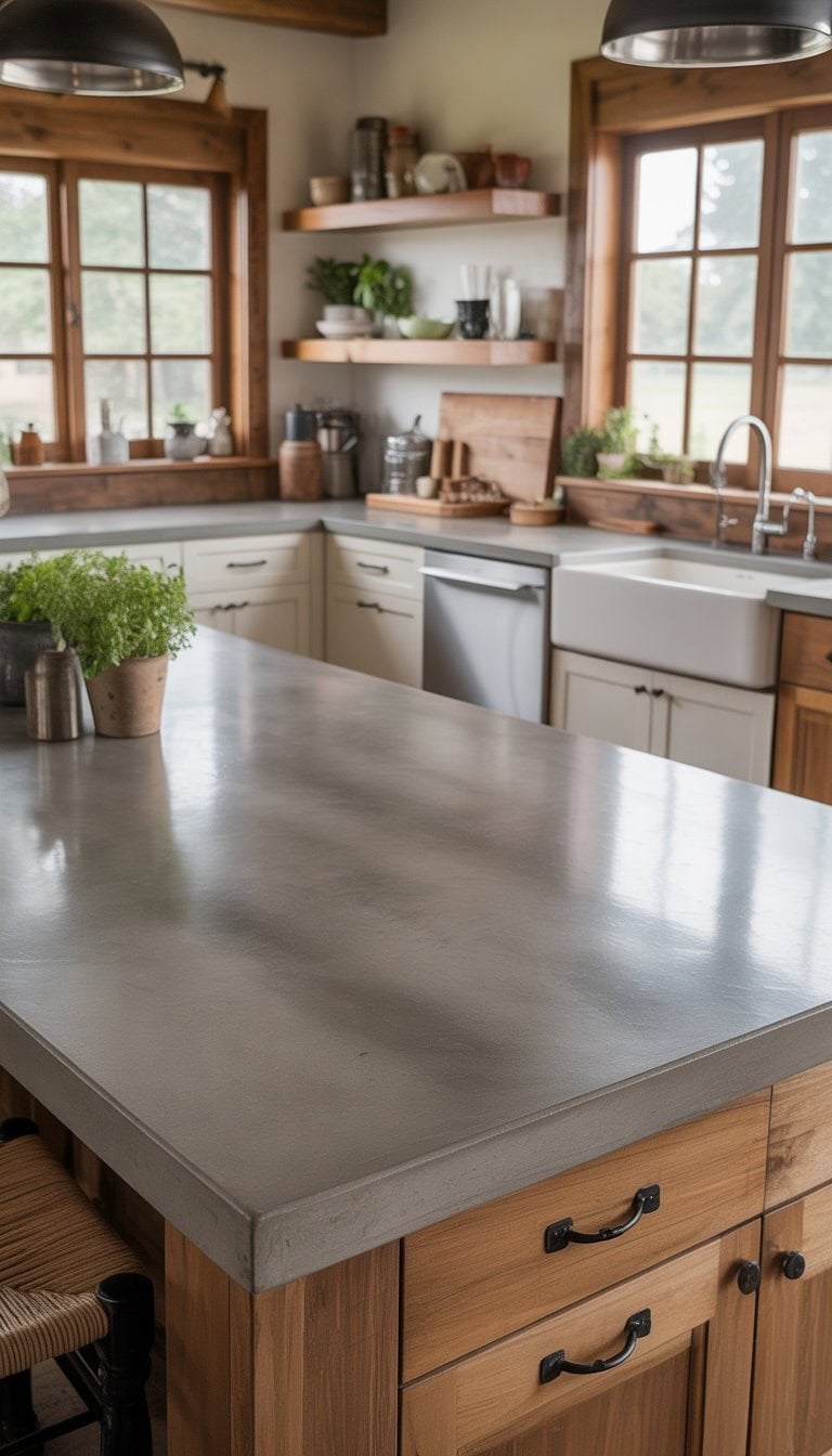 A bright kitchen with a large concrete countertop island, wooden cabinets, stainless steel appliances, and natural light coming through windows.