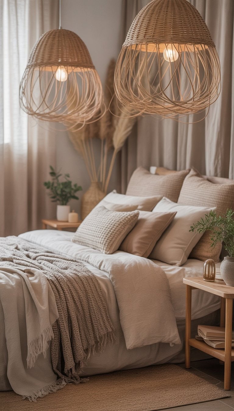 A cozy bedroom with wicker pendant lights, a neatly made bed with neutral bedding, and natural decor elements.