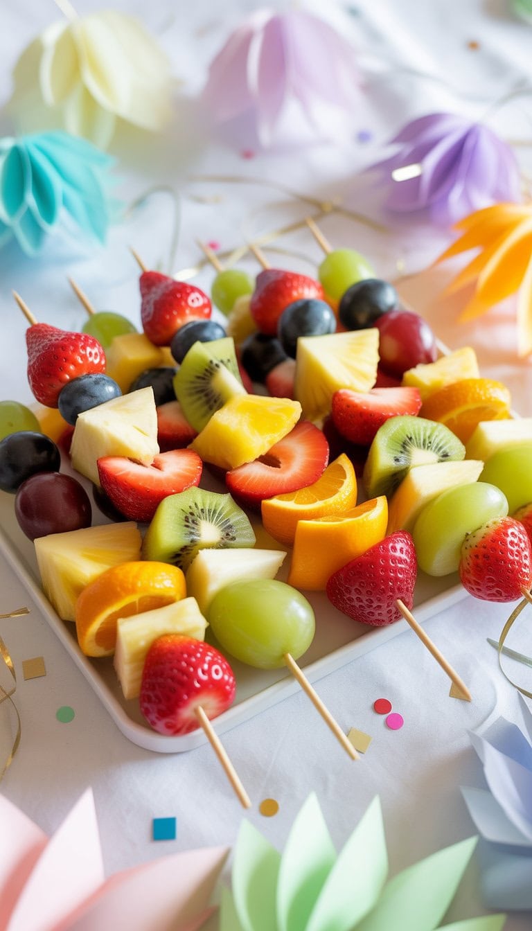 A platter of colorful fruit skewers with various fresh fruits and multi-colored party decorations in the background.