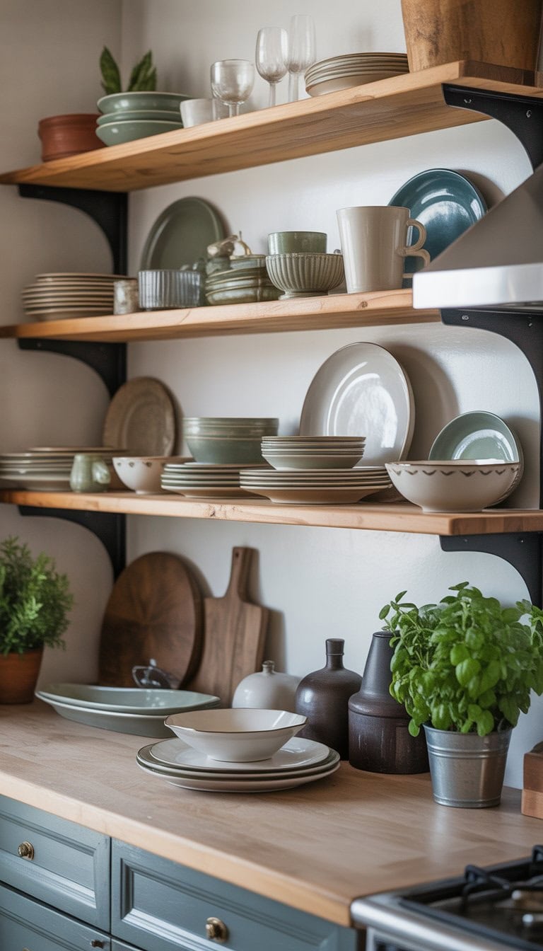 Open kitchen shelves filled with vintage dishes and glassware in a bright kitchen setting.