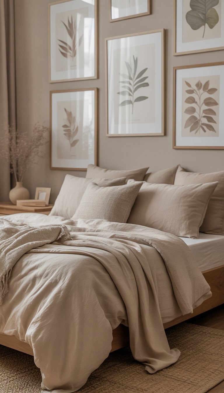 A bedroom with neutral-colored walls and framed botanical prints above the bed, featuring natural light and simple wooden furniture.