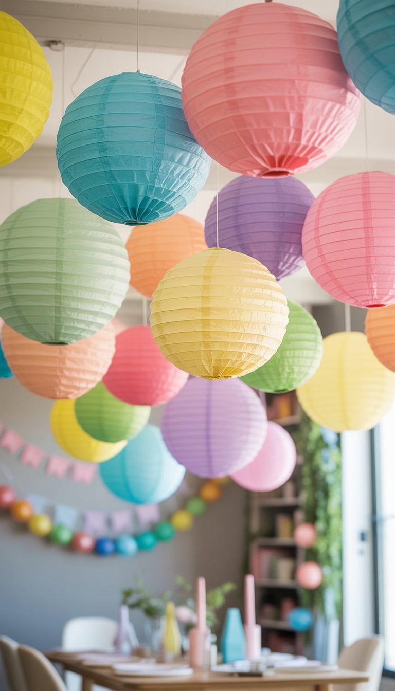 A room decorated with pastel-colored honeycomb paper lanterns in various shapes and sizes hanging from the ceiling for a colorful adult party.