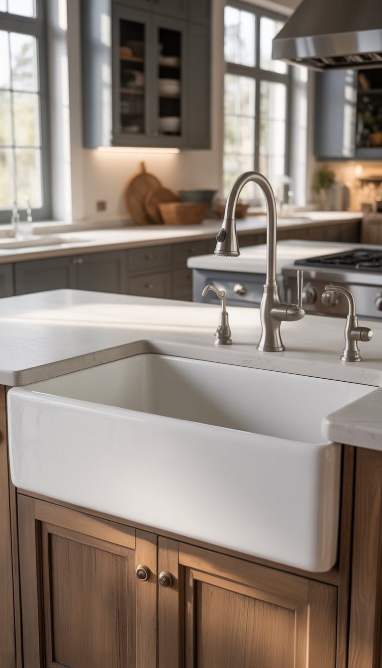 A large white farmhouse sink with modern stainless steel faucet in a bright kitchen with wooden cabinets and natural light.