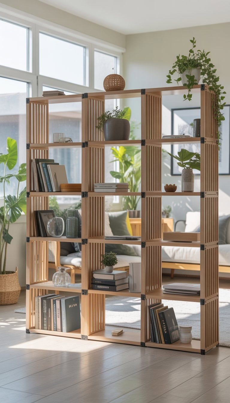 A folding room divider made by connecting multiple wooden shelving units with hinges in a bright living room.