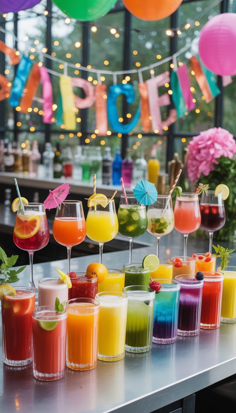 A colorful cocktail bar with 23 different brightly colored drinks and matching party decorations arranged on a bar counter.