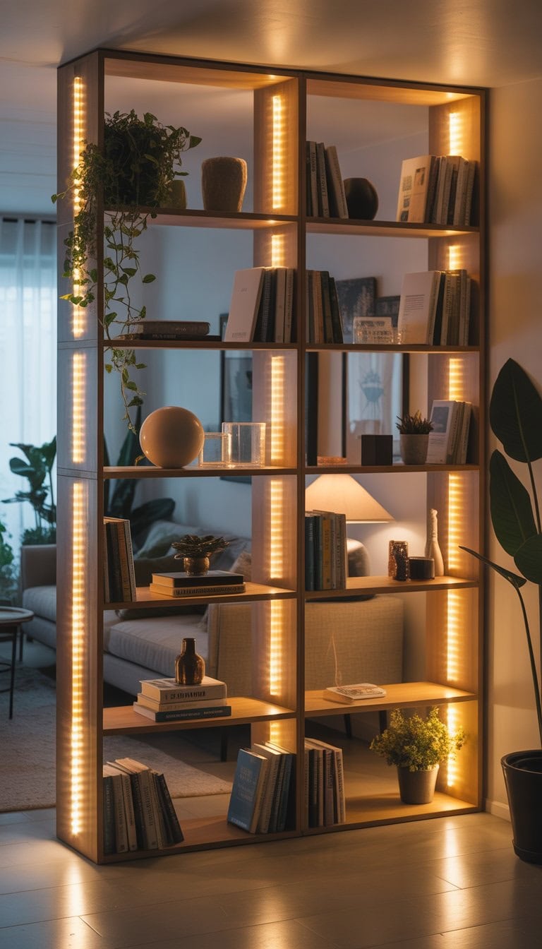 A wooden room divider with shelves lit by warm LED strip lights, displaying books and plants in a bright living space.