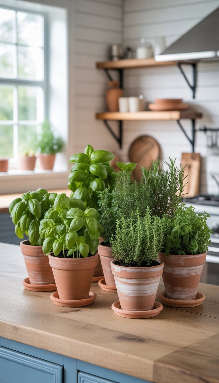 Several potted herbs in terra cotta pots sitting on a wooden kitchen countertop with shelves and natural light in the background.