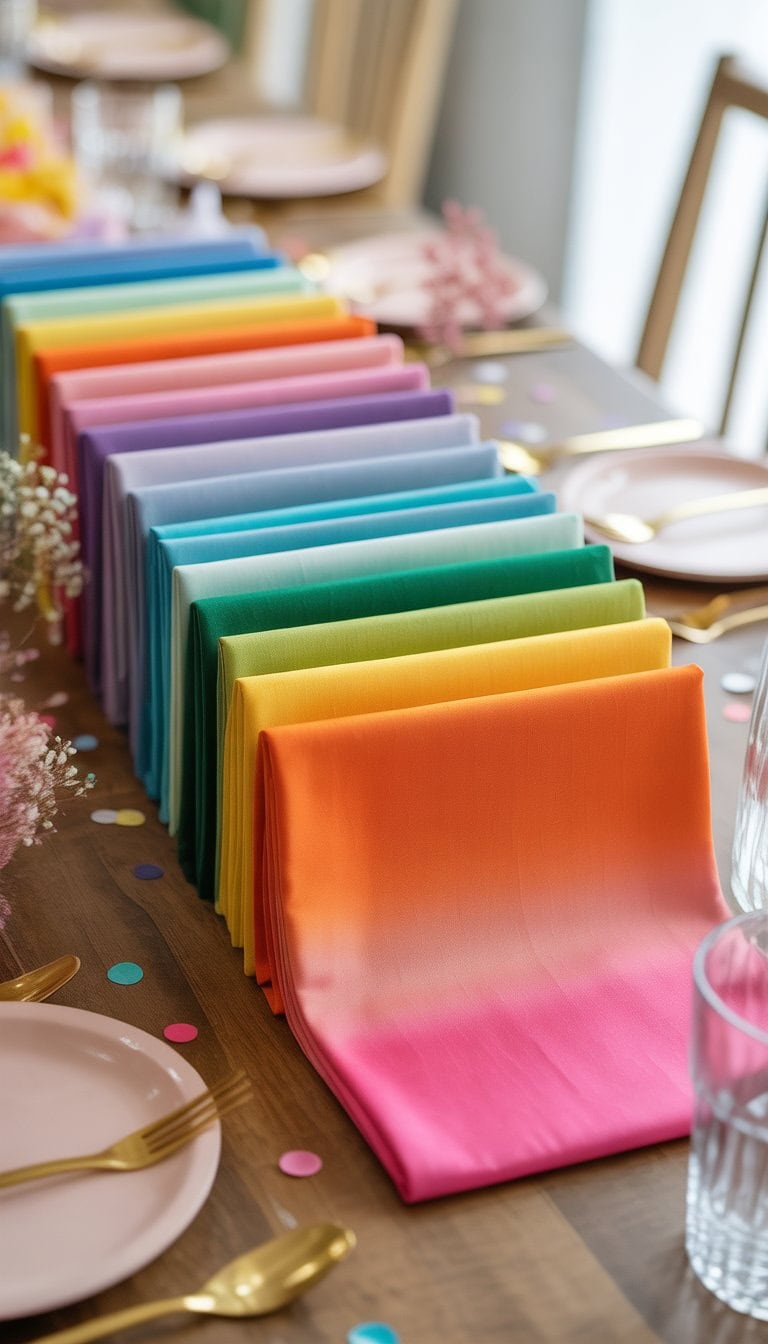 A colorful display of folded ombre napkins arranged on a wooden table with party decorations around them.