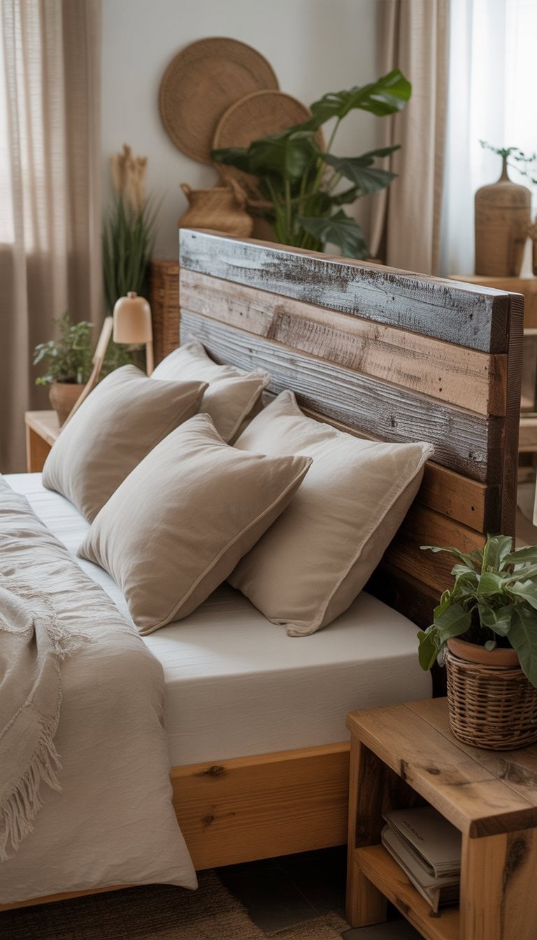 A bedroom with a wooden headboard, a neatly made bed, and natural light coming through a window.