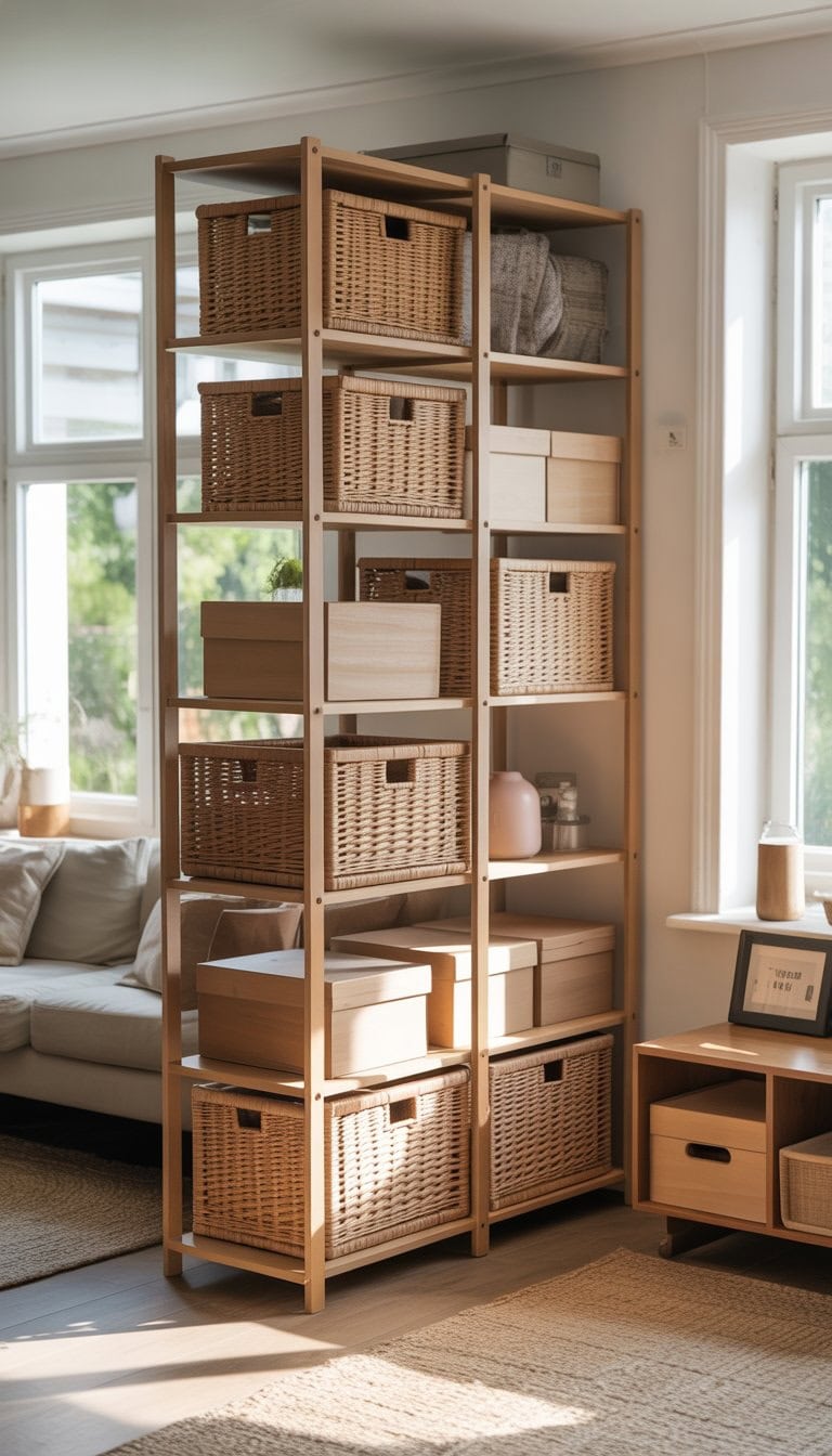 A tidy room with an IVAR shelving unit filled with baskets and boxes used to hide clutter and organize the space.