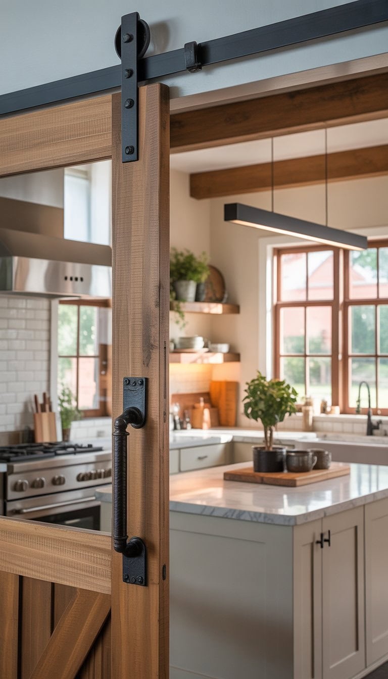 A kitchen with a sliding wooden barn door featuring black wrought iron hardware, bright cabinets, a marble island, and natural light.